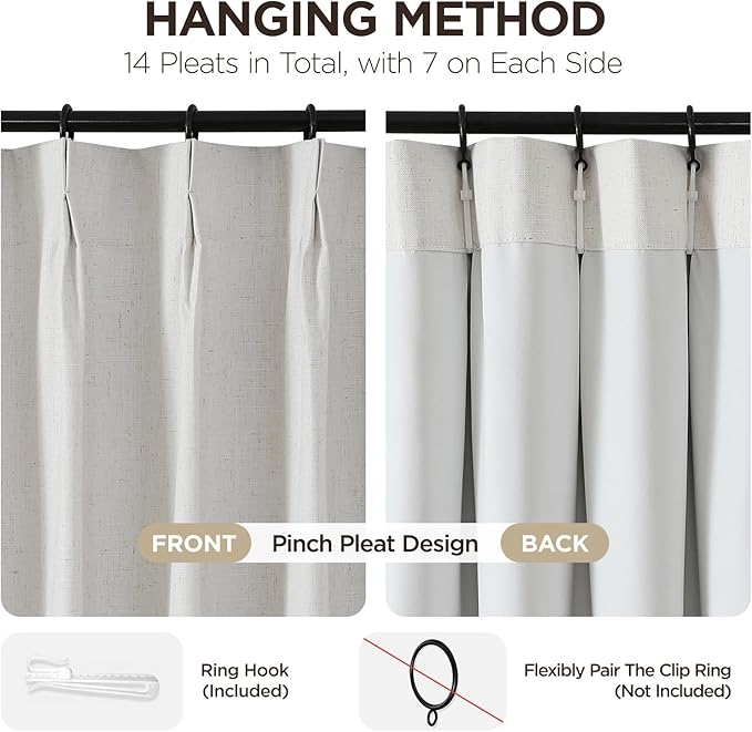 Joydeco Pinch Pleated Linen Curtains for Living Room, 100% Blackout Darkening Curtains 72 inches Length 2 Panel Thermal Insulated Pinch Pleat Drapes(Ivory,40'' Wx72'' L)-Ruum Studio Home