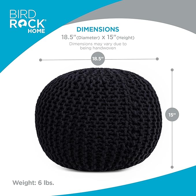 BIRDROCK HOME Round Pouf Ottoman | Cotton Braided Foot Stool with Bean Bag Filling | Boho Foot Rest for Living Room & Bedroom | Compact & Comfortable Seating, Lightweight & Soft | Black-Ruum Studio Home