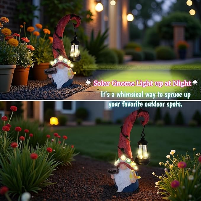 Solar Outdoor Figurine Lights Gnome Garden Decor Statue with LED Flowers & Lantern, Glowing Fairy Yard Decorations for Outside Patio Yard Front Porch, Housewarming Home Decor Gifts Thanksgiving-Ruum Studio Home