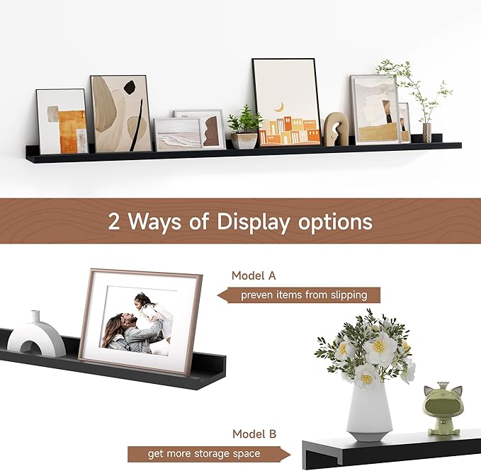Floating Picture Ledge Shelves for Wall Set of 2, 55 Inches Picture Shelf with Ledge, Nursery Book Shelf for Toys Storage Kids Bookshelf Wall Mounted Living Room Bedroom Decor Frames, Black-Ruum Studio Home