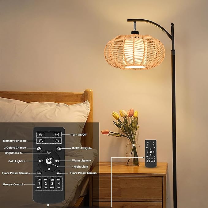 Arc Floor Lamps for Living Room Bedroom Rattan Boho Floor Lamp with Remote Control,Dimmable Led Standing Lamp Wicker Lamp Shade Rustic Tall Floor Lamp Modern Flower Lamp for Bedroom Corner-Ruum Studio Home