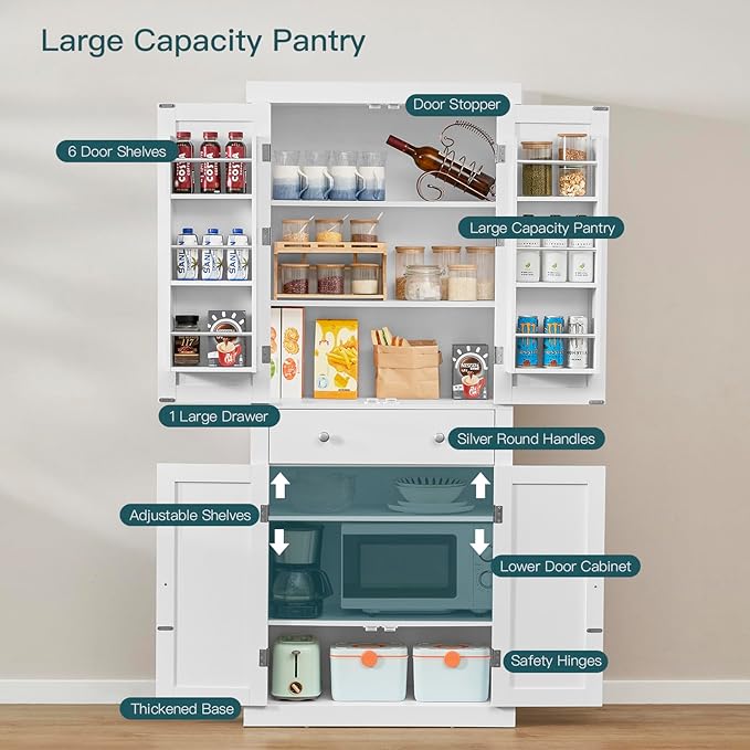 usikey 72” Pantry Cabinet, Tall Kitchen Storage Cabinet with 4 Doors and 1 Drawer, Cupboard with 6 Hanging Shelves and Adjustable Shelves for Kitchen, Dining Room, Living Room, White-Ruum Studio Home