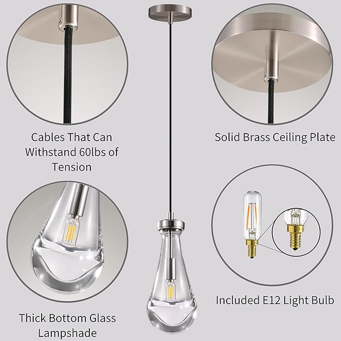 Raindrop Pendant Lights Set of 3, Modern Pendant Lights Kitchen Island 3 Pack, Brushed Nickel Island Light, Pendant Light for Bedroom Bathroom, Chandelier for Living Room Hallway-Ruum Studio Home