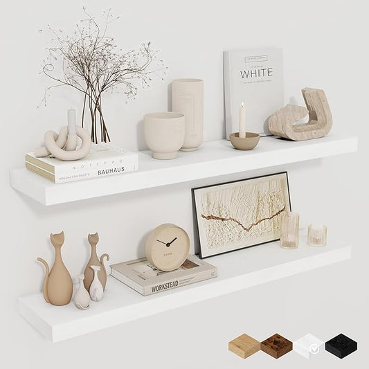 Fun Memories 32Inch Floating Shelves for Wall 2 Pack Wood Shelves for Kitchen, Bathroom, Bedroom Wall Mounted Rustic Wood Floating Shelf with Invisible Brackets for Books, Storage, Decor, White-Ruum Studio Home