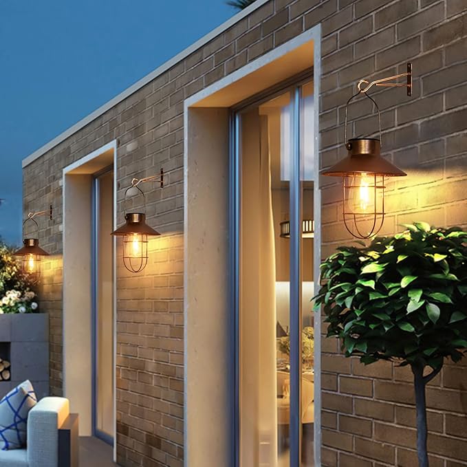 pearlstar Solar Lanterns Outdoor Metal Solar Powered Hanging Lights Waterproof for Barn Wall Yard Garden Patio Garage Balcony Porch Fence Decor, Warm White Edison Bulb (Copper-2pack)-Ruum Studio Home