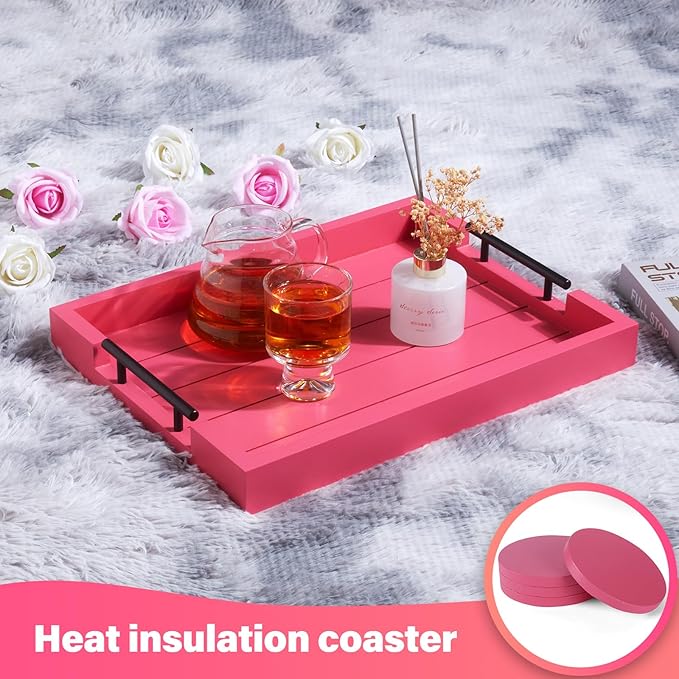 Ottoman Tray | Coffee Table Tray Decorative, Serving Tray with Handles - 17x13 Inch Wood Tray for Coffee Table Tray - with 4 Wooden Coasters -Tray for Ottoman, Breakfast-Ruum Studio Home