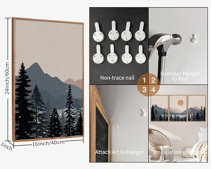 Tinonedraw Boho Mountain Framed Canvas Wall Art Set of 3, Watercolor Nature Landscape Art Prints, Modern Sunrise Art Paintings, Black Pines Tree Forest Wall Decor for Living Room Bedroom Office 16"x24"x3-Ruum Studio Home