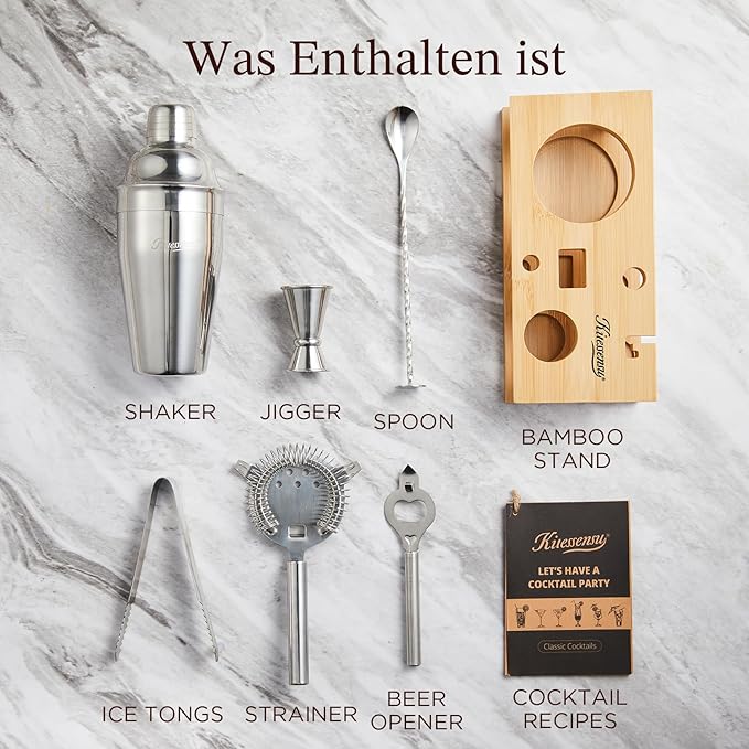 KITESSENSU Cocktail Shaker Set Bartender Kit, 6-Piece Silver Bar Set with Stand, Bar kit with Essential Bar Accessory Tools: Martini Shaker, Jigger, Strainer, Bar Spoon, Tongs, Opener-Ruum Studio Home