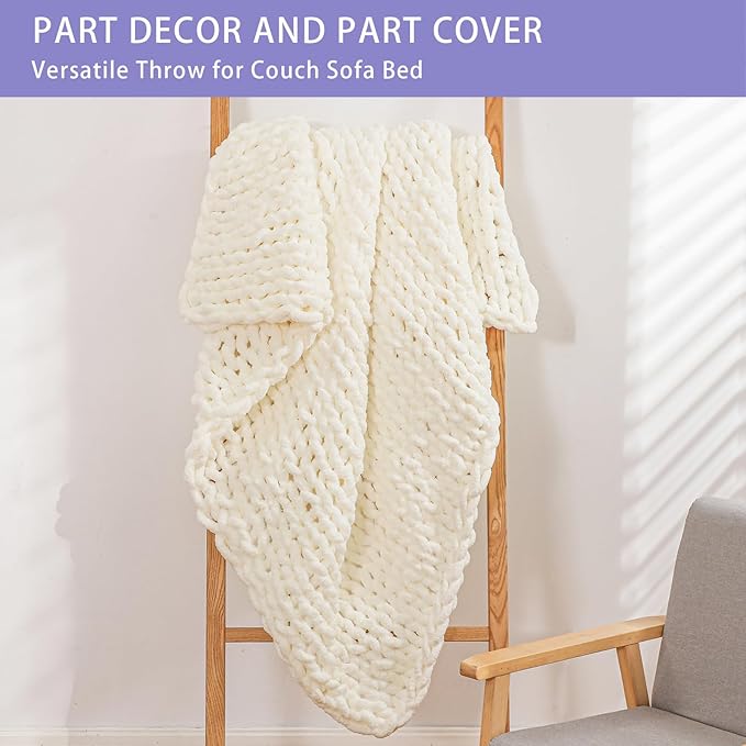 Bigacogo Chunky Knit Throw Blanket for Couch, 60x80 inches, 100% Hand Knitted with Thick Jumbo Chenille Yarn, Cozy Soft Large Rope Knot Cable Crochet Blankets for Sofa Bed Living Room, Ivory-Ruum Studio Home