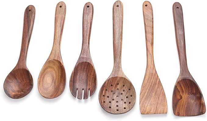 Wooden Spoons for Cooking Utensils Set with Holder, Spoon Rest & Hooks, Teak Wood Nonstick Kitchen Cookware-Ruum Studio Home