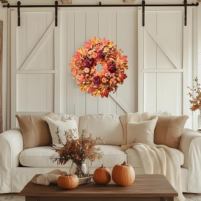 26'' Large Fall Wreath for Front Door, Autumn Wreaths for Outdoor Home Decor - Farmhouse Wreath with Maple Leaves, Pumpkins, Roses, Thanksgiving Decoration, Rustic Harvest Festival Door Hanging-Ruum Studio Home