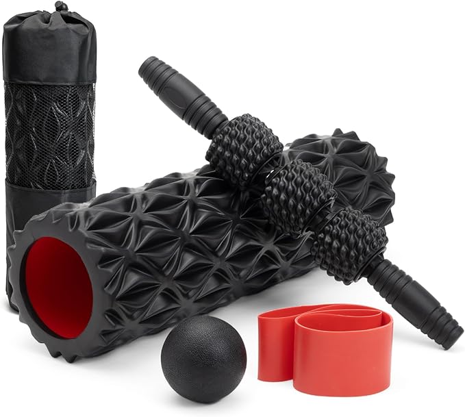 5 in1 Foam Roller Set, Trigger Point Foam Roller, Massage Roller Stick, Massage Ball, Resistance Band for Deep Muscle Massage Pilates Yoga,Fitness Exercise for Whole Body (Pure Black)-Ruum Studio Home