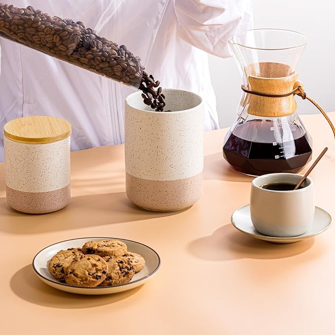 Yangbaga Canister Sets for Kitchen Counter, 40 OZ Large Ceramic Food Storage Jars with Airtight Wood Lids, Large Kitchen Canisters for Coffee, Sugar, Tea, Flour, Spice Visit the Store-Ruum Studio Home