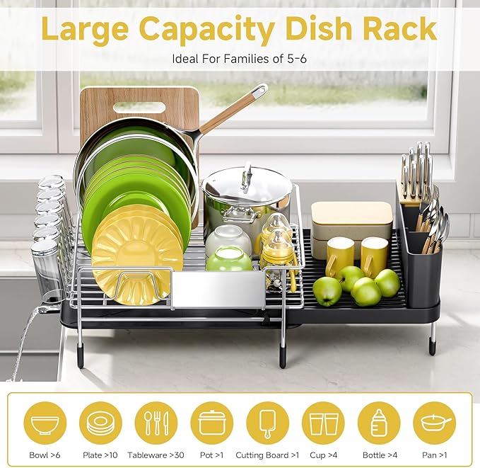 Dish Drying Rack, Expandable Stainless Steel Dish Rack with Drainboard Set Kitchen Sink Organizer for Counter, Large Capacity Kitchen Accessories, Smooth Water Flow-Ruum Studio Home