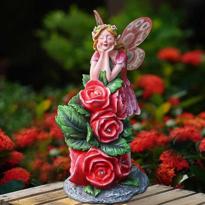 Solar Garden Outdoor Statues Cute Flower Fairy with 7 LED Solar Figurine for Lawn,Patio, Balcony, Yard Unique Housewarming Gift, for Woman, Mom, Grandma-Ruum Studio Home