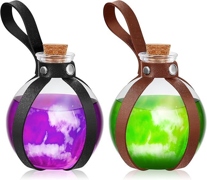 Patelai 2 Pcs Halloween Glass Potion Bottles with Belt Cork Renaissance Witch Costume Accessories Witch Props Potion Bottle for Halloween Party Decor Cosplay DIY Crafts Gift (Black,Brown)-Ruum Studio Home