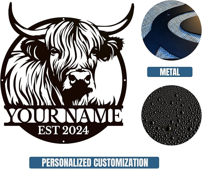 Personalized Highland Cow Name metal Signs,Custom Highland Cow Metal Shed Wall Decor,Black Metal Wall Art Plaques Outdoor wall Decorative Signage (Style F)-Ruum Studio Home