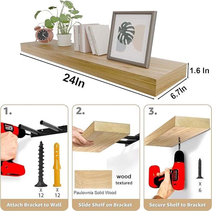 IAE Floating Wall Shelves 24 inch,Bathroom Shelves Wall Mounted,Invisible Shelves Floating Kitchen Shelves,Wooden Wall Shelves with Brackets for Living Room Wall Mounted,Easy Install,Set of 2,Natural-Ruum Studio Home
