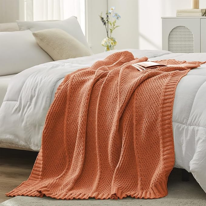 Amélie Home Chenille Knit Throw Blanket for Couch, Chevron Texture Decorative Soft Blanket for Sofa, Bed & Chair, 50"x60", Burnt Orange-Ruum Studio Home