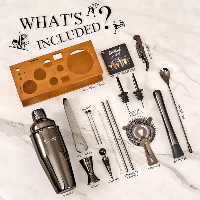 Bartender Kit Cocktail Shaker Set with Stand Bar Tool Bar Set for Drink Mixing Home Bartending Kit 17-Piece Bar Cart Accessories: Martini Shaker, Mixer Spoon, Jigger, Muddler, Strainer & Recipes Gifts-Ruum Studio Home