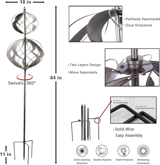 Wind Spinners Outdoor Metal - Large Kinetic Wind Spinner for Yard Garden, Windmills Lawn Ornament Décor for Lawn Patio (Height 84")-Ruum Studio Home