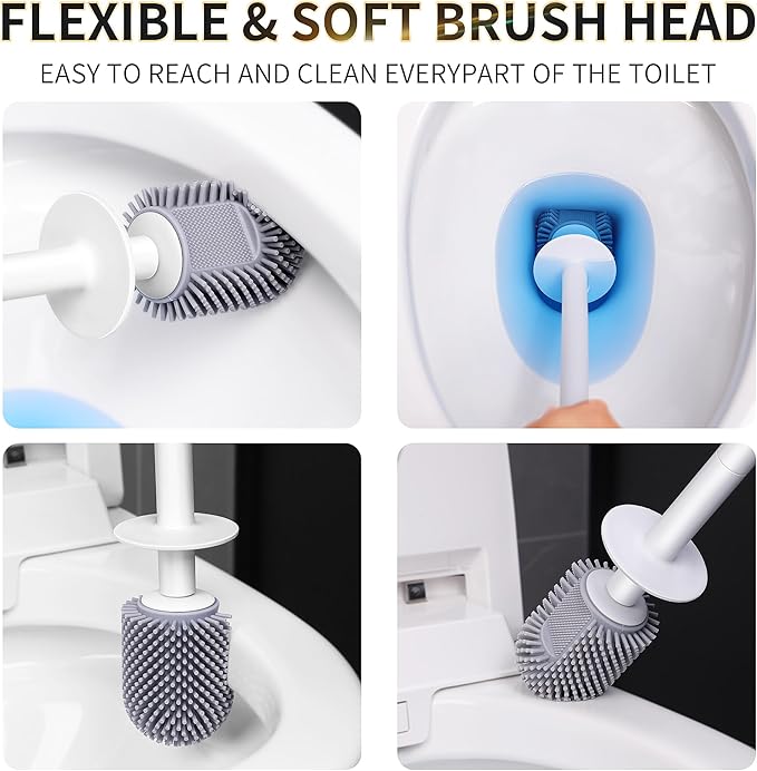 Silicone Toilet Brush and Holder Set with L-Shaped Brush Head, Wall Mounted Toilet Brush Set with Long Non-Slip Handles, Compact Toilet Bowl Cleaner Brush Suitable for RV Trailers & Bathroom (1 Pack)-Ruum Studio Home