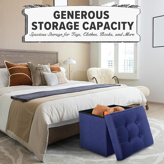 LINMAGCO Storage Ottoman Folding Foot Stool Foot Rest with Side Pocket Modern Ottoman with Storage Short Sofa Stool Linen Cloth 17x13x13(Navy)-Ruum Studio Home