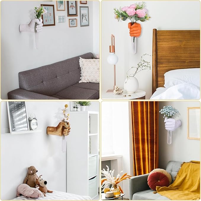 Creative Wall Hanging Sculpture, Funky White Hand Vases Home Decor, Artistic Hanging Hand Sculptures with Test Tube Vases, Unique Wall Art Statue-Ruum Studio Home