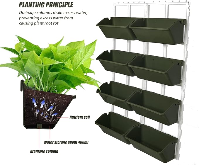 8 Pockets Vertical Planters,Wall Mounted Plastic Plant Grow Pots,Wall Pocket Planters for Indoor,Outdoor,Balcony,Garden Decoration,Green-Ruum Studio Home
