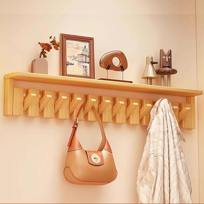 Wall Mounted Piano Key Hanger | Flip Style Hook | Entrance Wall Art Hook, Made of Oak Wood (3 Times Painted, 4 Times Polished) (Tray Beech, 12Hooks)-Ruum Studio Home