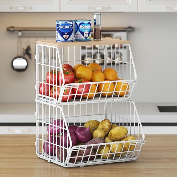Wetheny 2 Tier Stackable Wall Mounted Wire Basket Fruit Basket with Wood Lid - Kitchen Pantry Organization and Storage, Hanging Storage Basket for fruits, Onion, Potato, Produce, Vegetable (White)-Ruum Studio Home