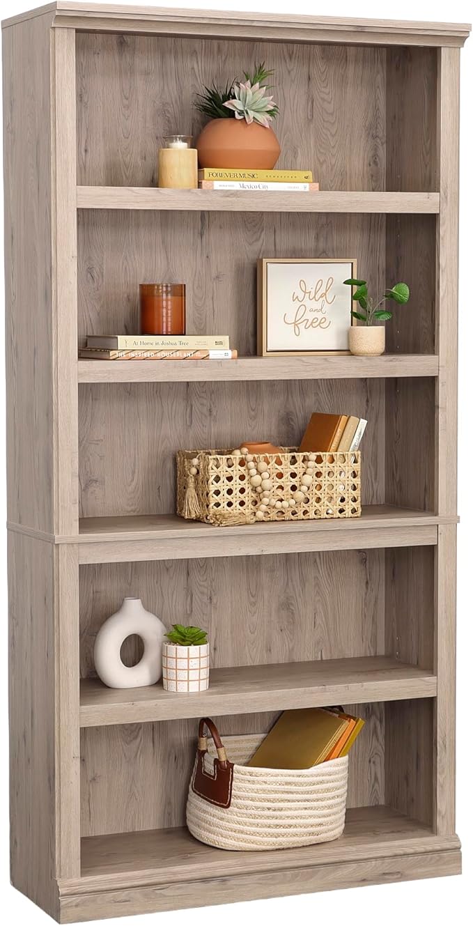 Sauder 5 Tier Book Shelf Wooden Bookcase Multipurpose Bookshelf for Home Office, Living Room, in Laurel Oak-Ruum Studio Home