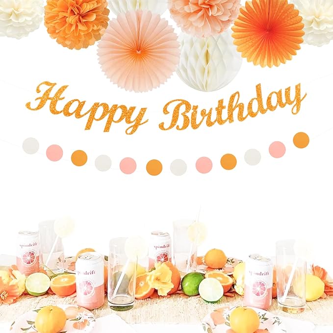 Orange Hippie Birthday Party-Decorations Paper-Flowers - 14pcs Happy Banner Fall Honeycomb Tissue Pom Poms,Boho Streamers Garland Fans,Sweet Peach Groovy Sunset Groovy Hanging Supplies Decor Hugfond-Ruum Studio Home