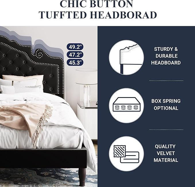 Allewie King Bed Frame with Adjustable Velvet Tiara Headboard, Upholstered Diamond Button Tufted Platform Bed, Wood Slats Support, No Box Spring Needed, Mattress Foundation, Easy Assembly, Black-Ruum Studio Home