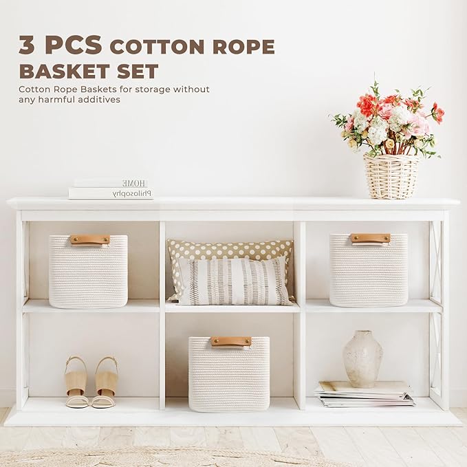 danpinera Set of 3 11 Inch Storage Baskets, Cube Storage Bins, White Woven Baskets with Stable Leather Handles, Square Cotton Rope Bins for any Room, Easy to Recover-Ruum Studio Home
