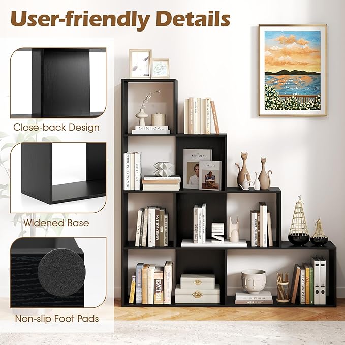 Tangkula 4-Tier Stepped Bookshelf, Freestanding 6 Cubes Ladder Bookcase with Anti-Tipping Kits, 64" Tall Modern Wooden Storage Display Rack for Home Office Living Room Study (2, Black)-Ruum Studio Home