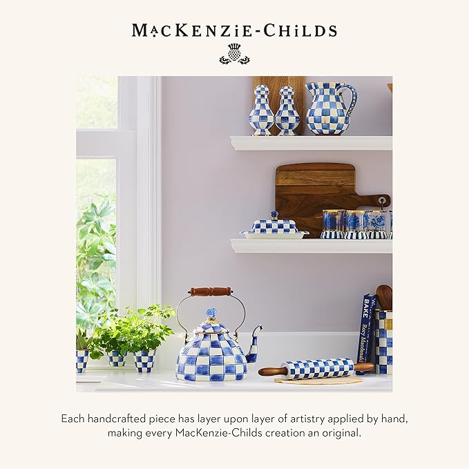 MACKENZIE-CHILDS Enamel Herb Pots, Small Plant Pots for Herbs or Flowers, Set of 3, Blue-and-White Royal Check-Ruum Studio Home