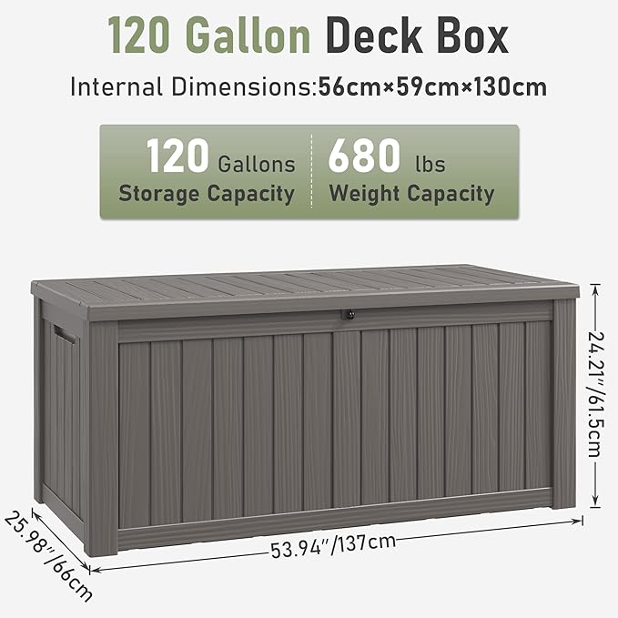 KAMABOKO Outdoor Storage Box, 120 Gallon Large Outdoor Resin Deck Box, Storage Waterproof Boxes Lockable Lid for Garden Tools, Pool Supplies, Patio Furniture and Cushions, Grey-Ruum Studio Home