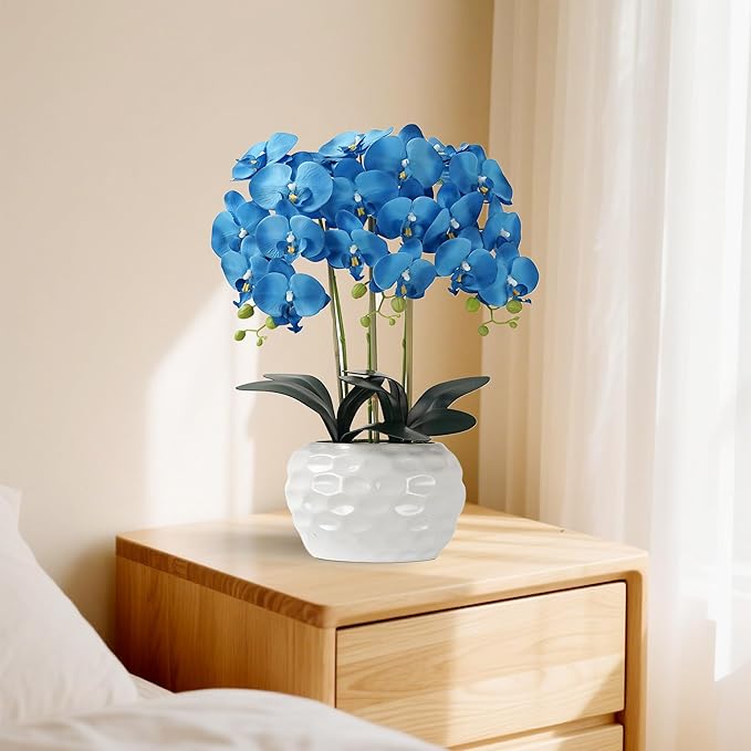 Orchid Artificial Flowers with White Vase Large Silk Faux Phalaenopsis Flowers for Dining Room Table Floral Centerpieces Indoor Decoration,Blue-Ruum Studio Home
