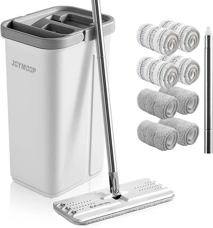 JOYMOOP Mop and Bucket with Wringer Set, Hands Free Flat Floor Mop and Bucket, with 8 Washable Microfiber Pads, Wet and Dry Use, Floor Cleaning System-Ruum Studio Home