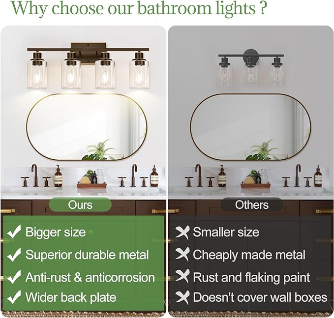 4 Light Bathroom Light Fixtures, Oil-Rubbed Bronze Modern Vanity Lights with Clear Glass Shades, Bathroom Wall Lamp for Mirror Living Room Cabinet-Ruum Studio Home