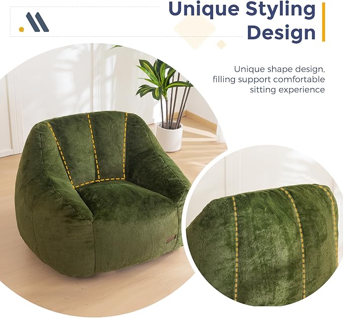 MAXYOYO Bean Bag Chair, Comfy Bean Bag Sofa with Back Support, Faux Fur Bean Bag Chair for Adults and Kids, Stuffed Floor Sofa for Living Room, Bedroom, Apartment, Green-Ruum Studio Home