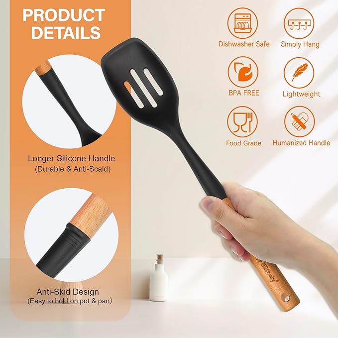 Large Silicone Cooking Spoon Set, 2 Pack Solid Slotted Spoon with Wooden Handle, Nonstick Silicone Kitchen Spoons for Cooking, Heat Resistan Spatula Set for Serving, Basting, Mixing (Black)-Ruum Studio Home