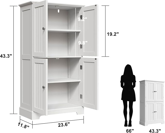 ChooChoo Bathroom Floor Cabinet, Modern Bathroom Storage Cabinet with 4 Doors and Adjustable Shelves, Freestanding Cupboard for Living Room, White-Ruum Studio Home