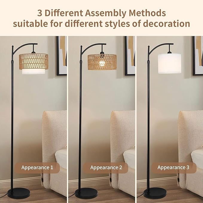 Arc Floor Lamp for Living Room Boho Floor Lamps with Remote Control & with 3 Color Temperatures,Rattan Wicker Standing Lamp Dimmable Tall Floor Lamp for Bedroom Living Room Corner-Ruum Studio Home