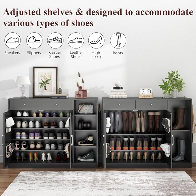 Loomie 5-Tier Shoe Cabinet with 4 Side Cubbies, Farmhouse Shoe Rack Cabinet with 6 Adjustable Shelves & 2 Drawers, Freestanding Shoe Storage Cabinet with 4 Brackets & 2 Hooks for Entryway (Black)-Ruum Studio Home