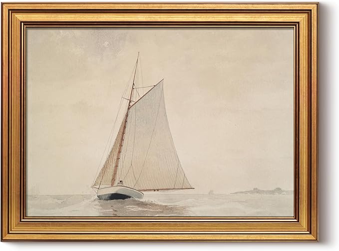 HUARCEY Gold Framed Vintage Wall Art for Living Room, Seaview Painting Prints Shelf Decor for Kitchen, Aesthetic Bedroom Wall Art, Christmas Gifts for Friends or Family (White Sailboat - 12"x16")-Ruum Studio Home