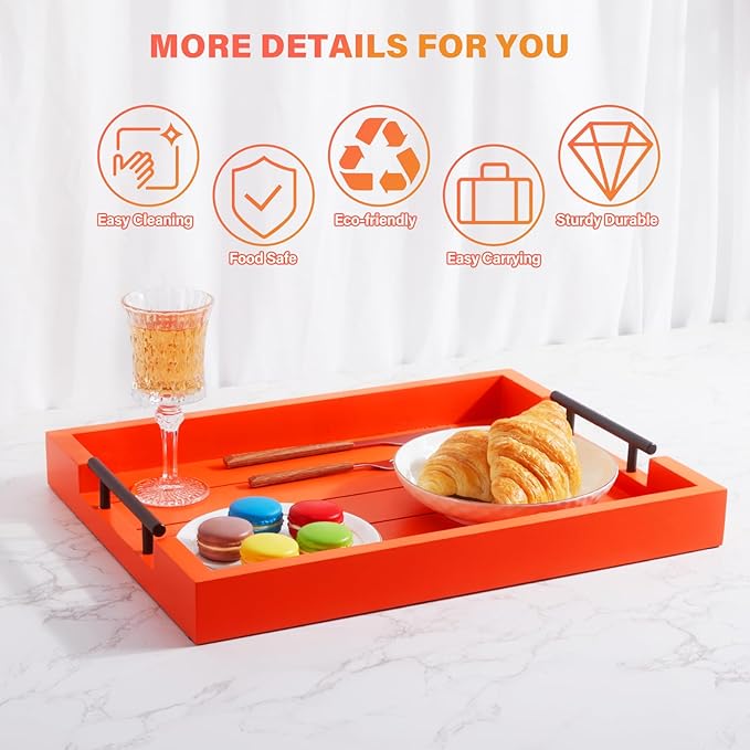 Ottoman With Handle for Living Room - Set of 4 Natural Wooden Coasters - Rustic Serving Tray for Coffee Table - Kitchen Decorative Tray With Handles (Orange)-Ruum Studio Home