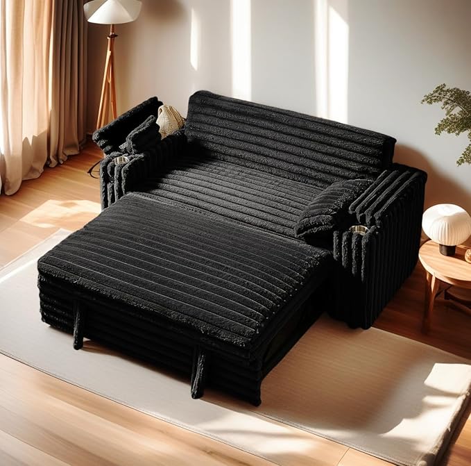 57-Inch Velvet Full Size Sleeper Sofa Couch with Pullout Bed,Convertible Pull Out with Golden Decorative Strip and Adjustable Backrest for Small Spaces,Apartment, Guest Room, RV (1109Black)-Ruum Studio Home