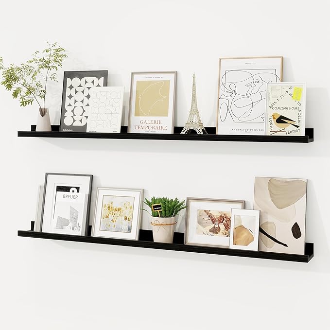 Picture Ledge Shelf, Solid Pine Wood Floating Shelves Set of 2, 40 Inches Nursery Book Shelves for Toys Storage, Kids Bookshelf Wall Mounted for Living Room Bedroom Decor Books Photo Frames, Black-Ruum Studio Home